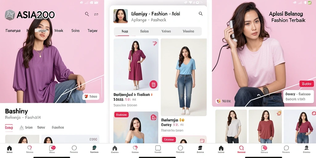 Tampilan antarmuka sederhana dan elegan dari ASIA200 untuk belanja fashion.