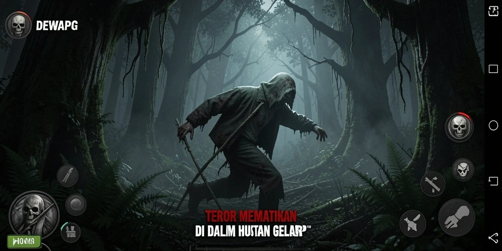 Antarmuka DEWAPG menampilkan suasana hutan yang seram dan misterius.