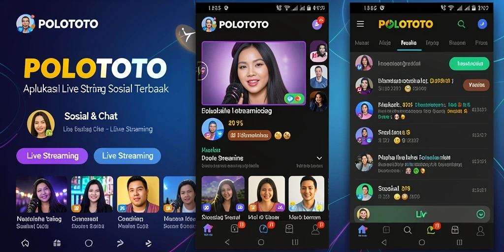 Tampilan antarmuka aplikasi POLOTOTO dengan berbagai fitur Live Streaming.